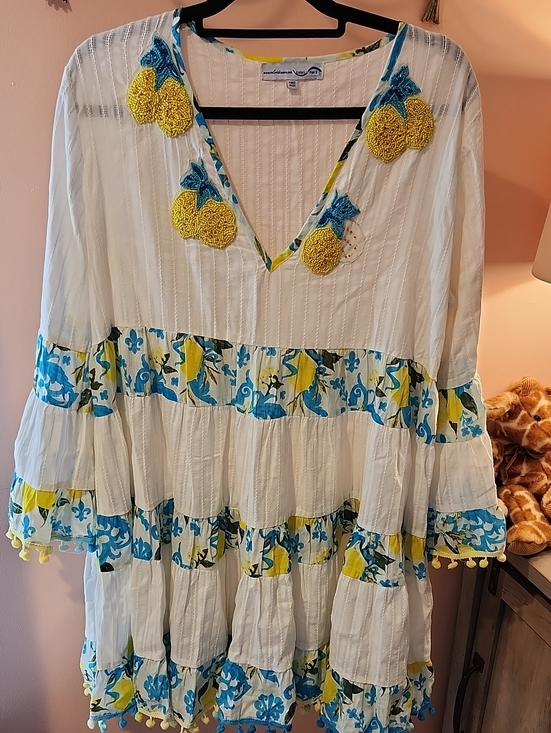 colori di mare Other - Colori Di Mare White Tiered Boho Tunic with Yellow Lemon Embroidery